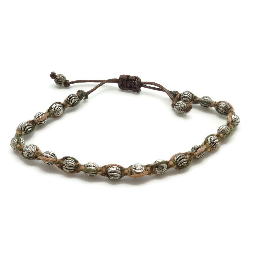 Chan Luu Green & Silvertone Beads Tan Thread Slipknot Adjustable Bracelet NEW